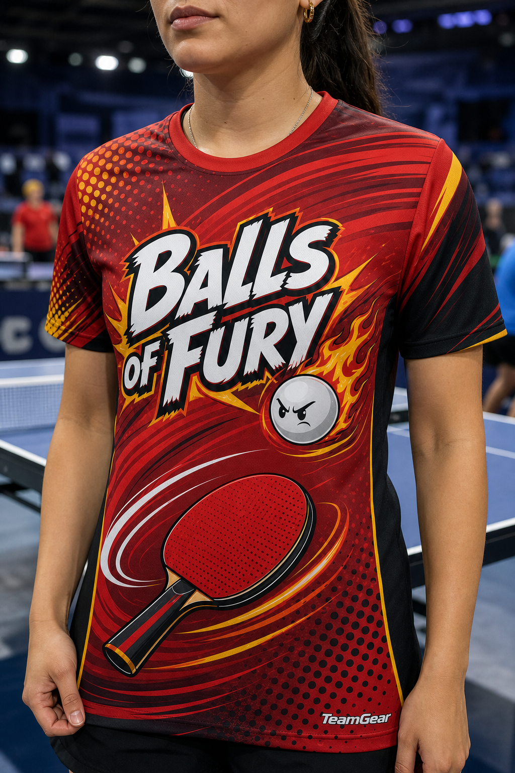 Balls of Fury Red Table Tennis Jersey — custom table tennis jersey worn on model — TeamGear Canada