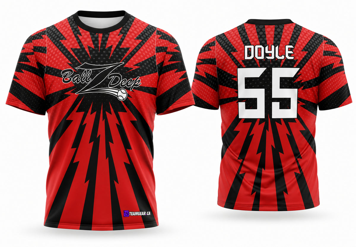 Ballz Deep Red Softball Jersey - front and back view