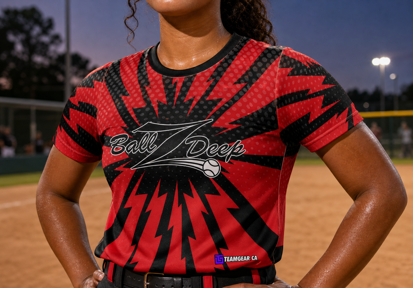 Ballz Deep Red Softball Jersey — custom softball jersey worn on model — TeamGear Canada