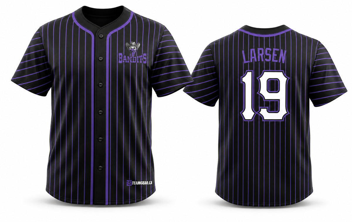 Bandits Purple Pinstripe Baseball Jersey Full Button - front and back view