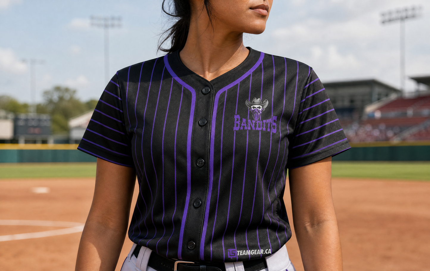 Bandits Purple Pinstripe Baseball Jersey Full Button — custom baseball jersey worn on model — TeamGear Canada