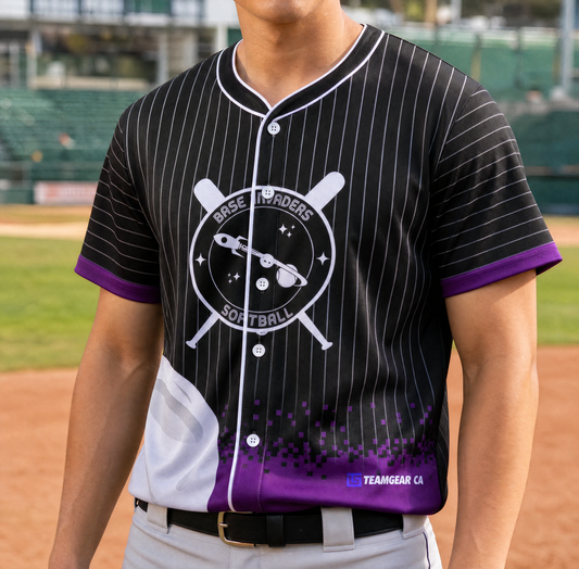 Base Invaders Black Pinstripe Baseball Jersey Full Button — custom baseball jersey worn on model — TeamGear Canada