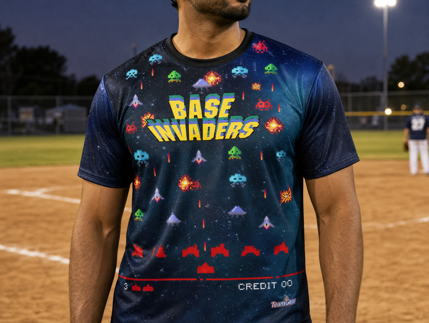 Base Invaders Blue Softball Jersey — custom softball jersey worn on model — TeamGear Canada