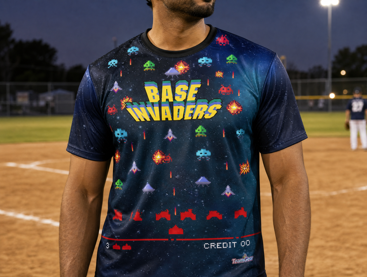 Base Invaders Blue Softball Jersey — custom softball jersey worn on model — TeamGear Canada