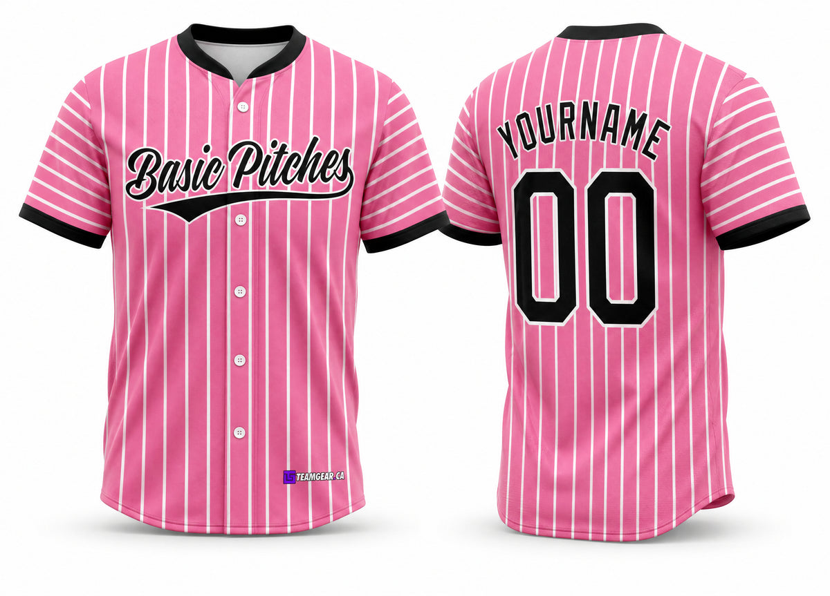 Basic Pitches Black and Pink Pinstripe Baseball Jersey - front and back view