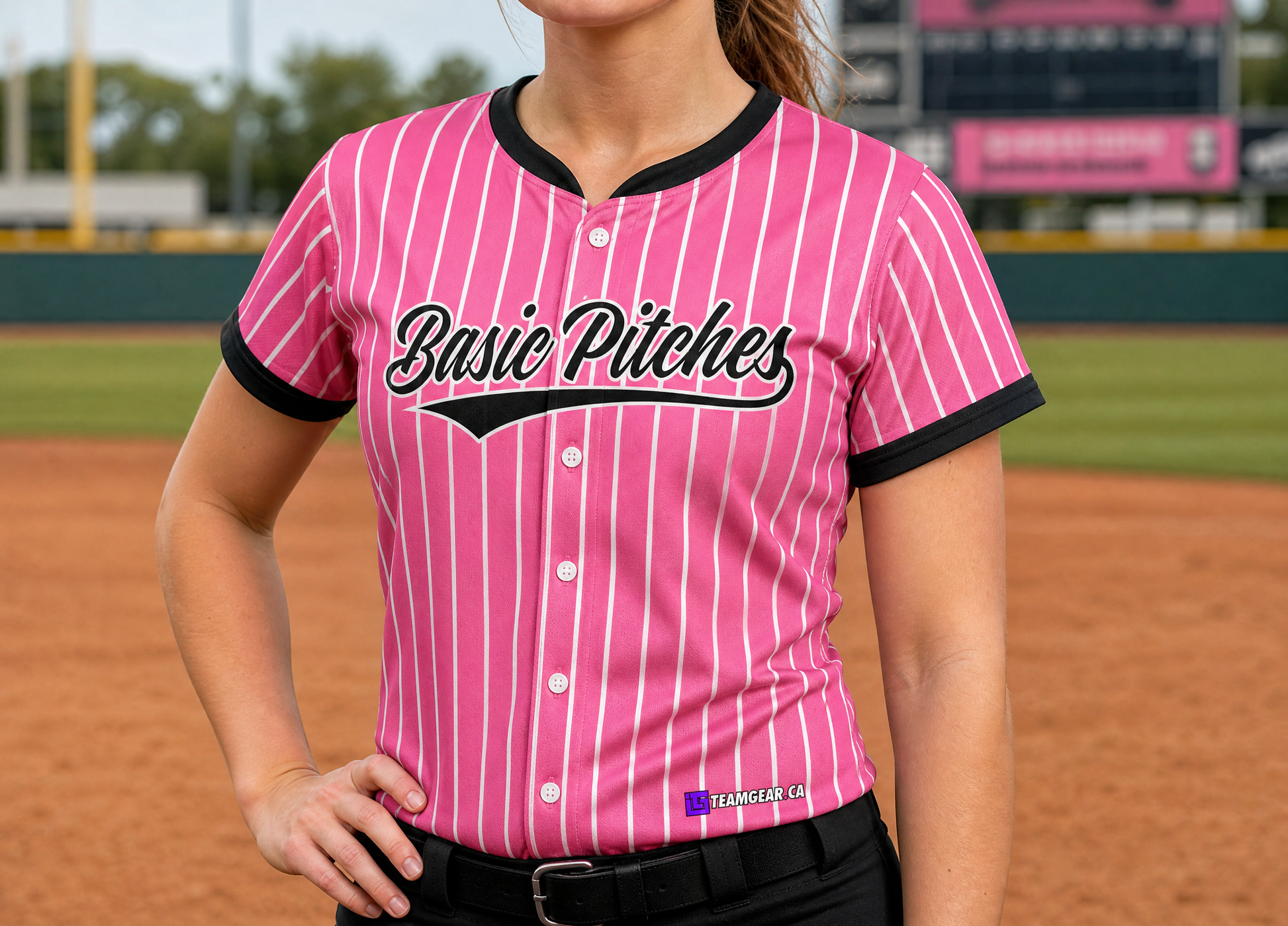 Basic Pitches Black and Pink Pinstripe Baseball Jersey — custom baseball jersey worn on model — TeamGear Canada