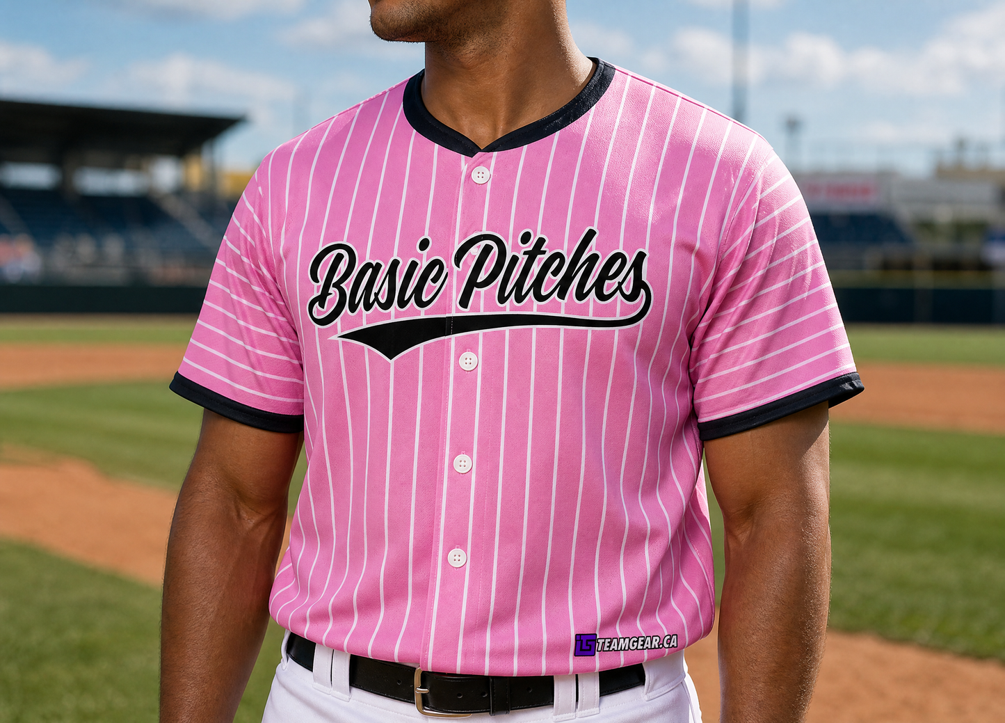 Basic Pitches Light Pink Pinstripe Baseball Jersey — custom baseball jersey worn on model — TeamGear Canada
