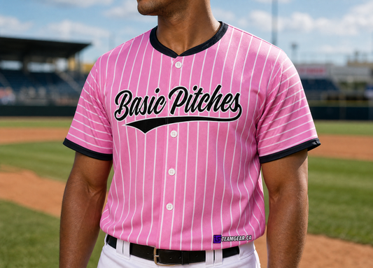 Basic Pitches Light Pink Pinstripe Baseball Jersey — custom baseball jersey worn on model — TeamGear Canada