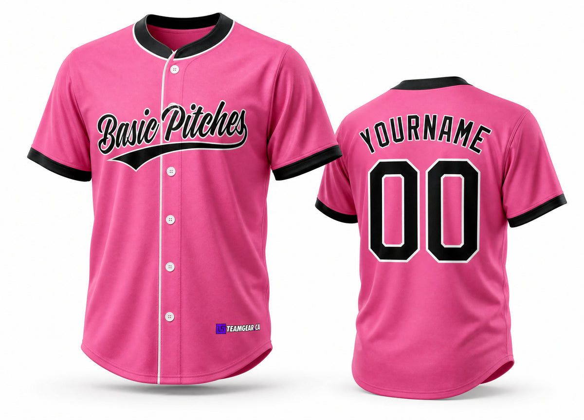 Basic Pitches Pink Baseball Jersey - front and back view