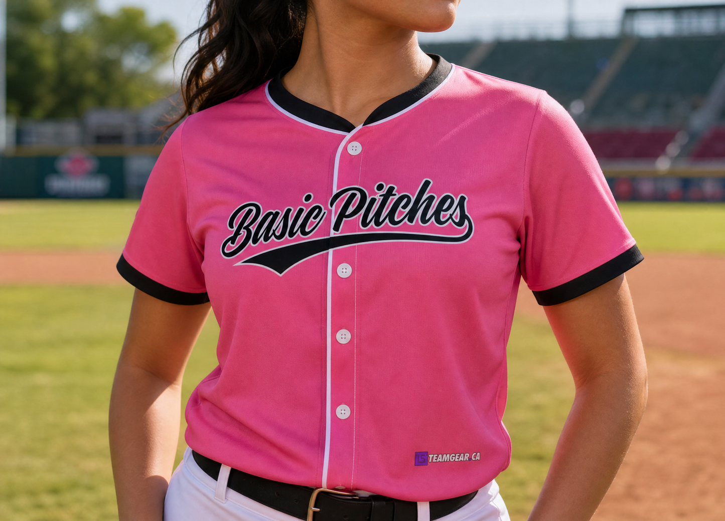 Basic Pitches Pink Baseball Jersey — custom baseball jersey worn on model — TeamGear Canada