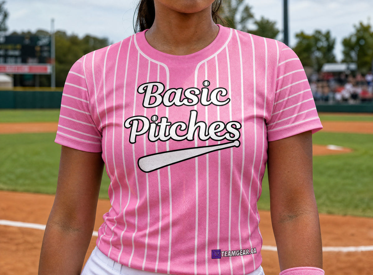 Basic Pitches Pink Pinstripe Baseball Jersey — custom baseball jersey worn on model — TeamGear Canada