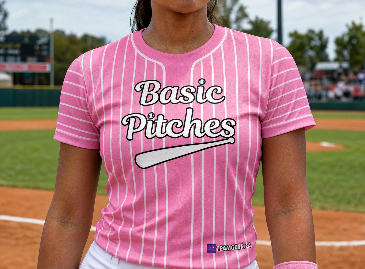 Basic Pitches Pink Pinstripe Baseball Jersey — custom baseball jersey worn on model — TeamGear Canada