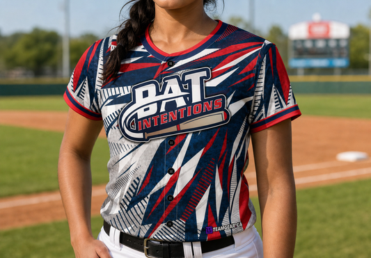 Bat Intentions Baseball Jersey Full Button — custom baseball jersey worn on model — TeamGear Canada