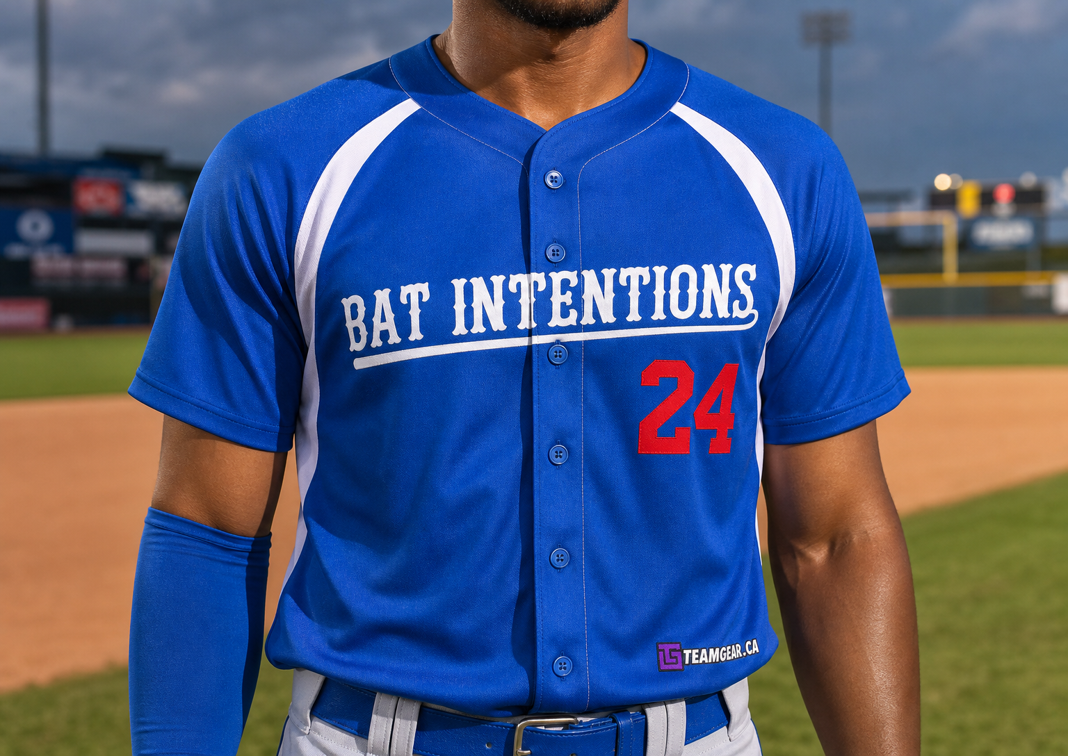 Bat Intentions Blue Baseball Jersey Full Button — custom baseball jersey worn on model — TeamGear Canada