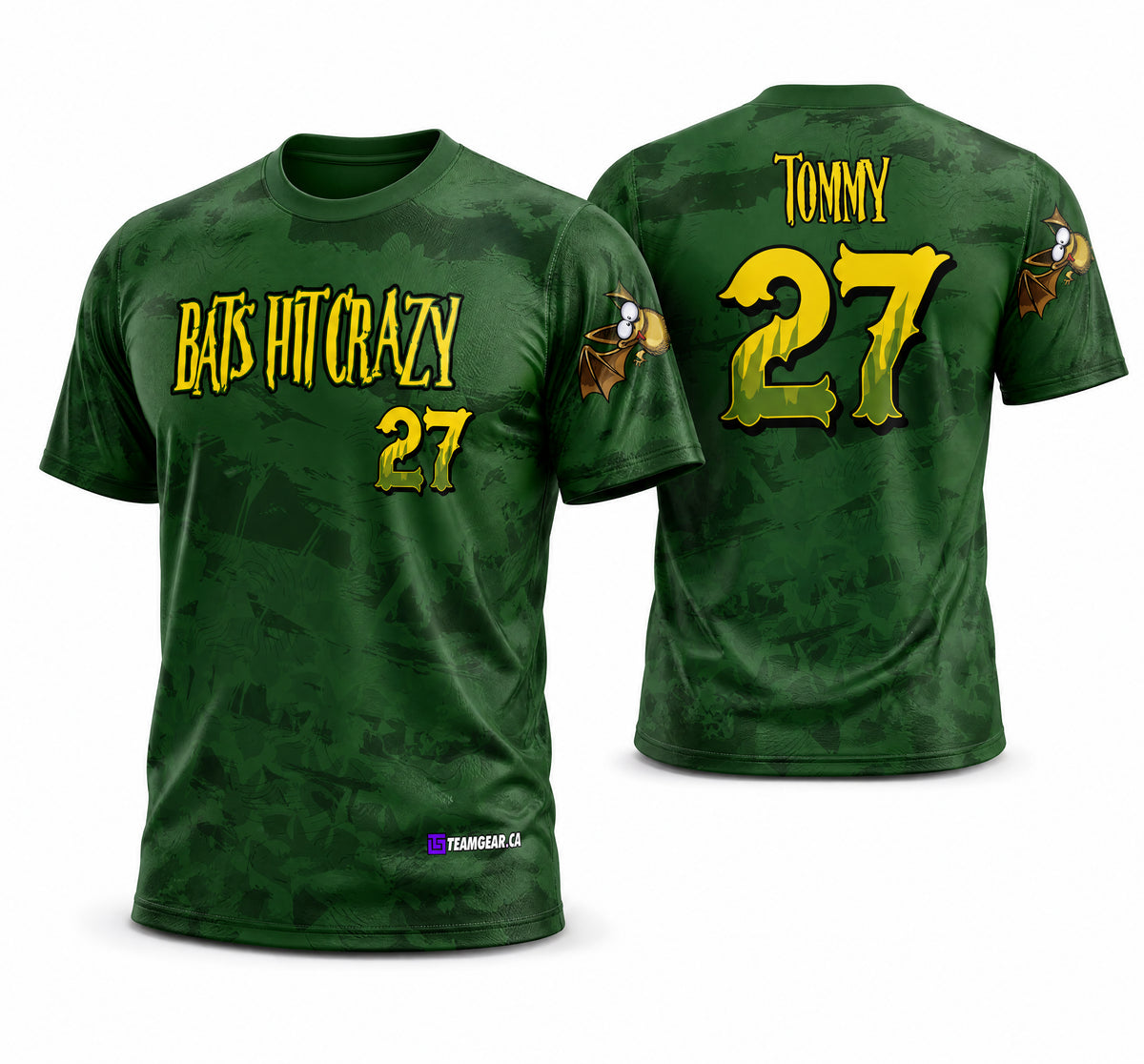 Bats Hit Crazy Green Softball Jersey - front and back view