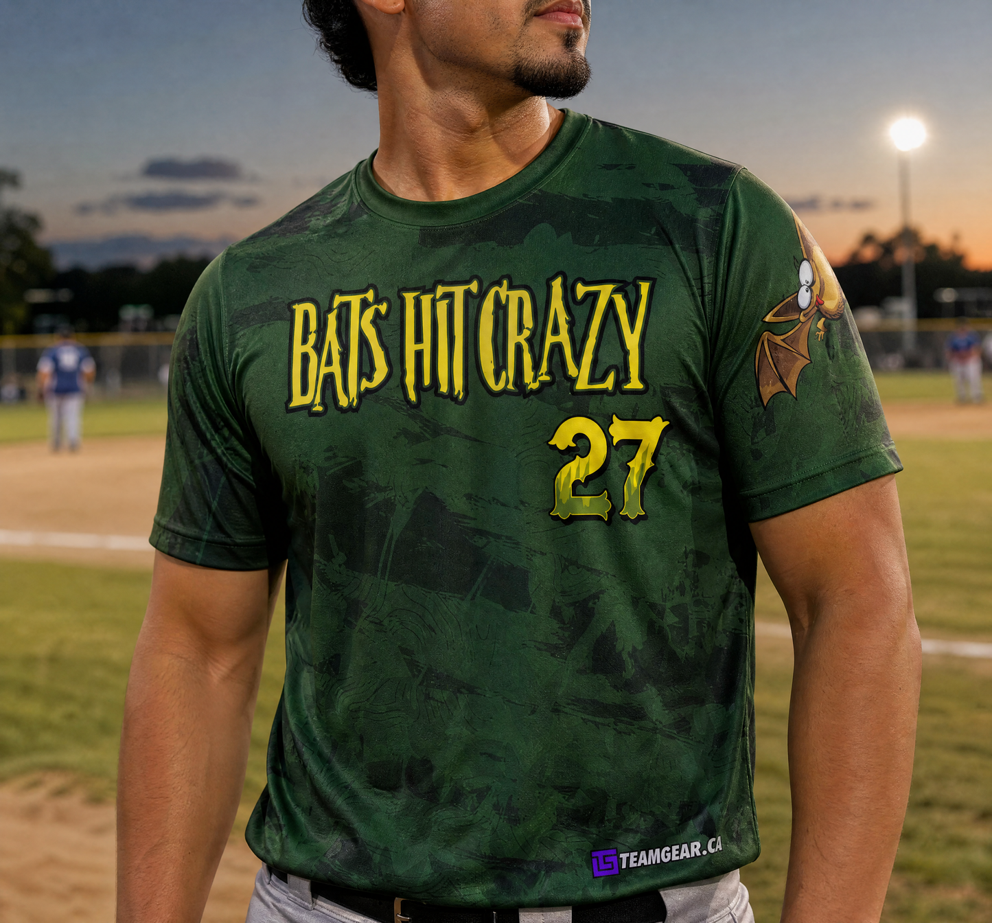 Bats Hit Crazy Green Softball Jersey — custom softball jersey worn on model — TeamGear Canada