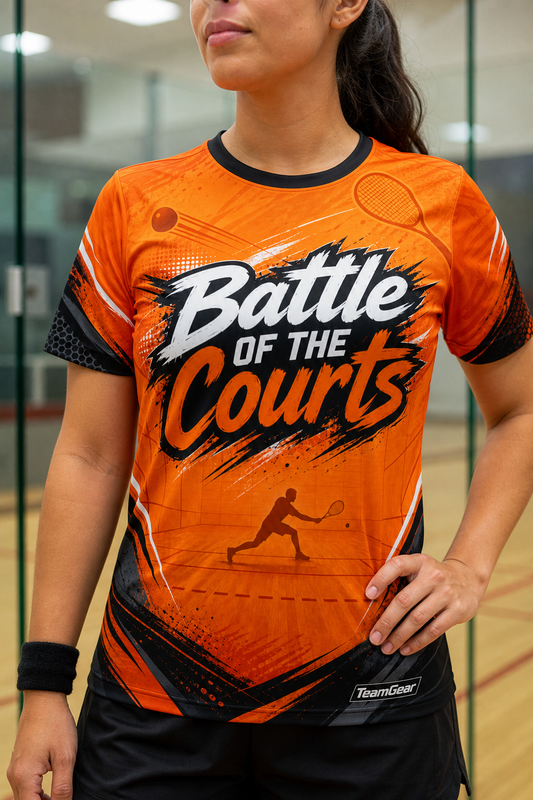 Battle of the Courts Orange Racquetball Jersey — custom racquetball jersey worn on model — TeamGear Canada