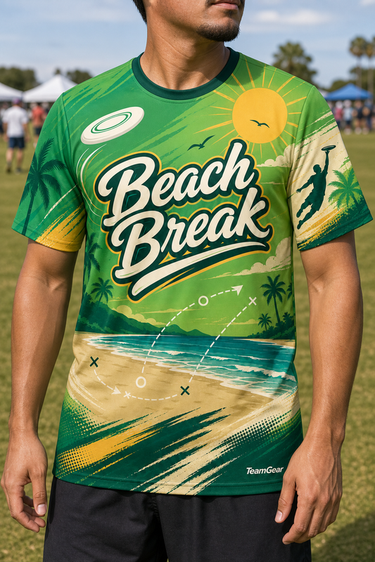 Beach Break Green Ultimate Frisbee Jersey — custom ultimate frisbee jersey worn on model — TeamGear Canada