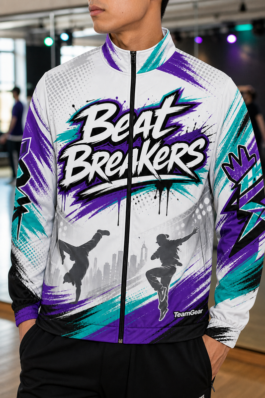 Beat Breakers White Dance Jacket — custom dance jacket worn on model — TeamGear Canada