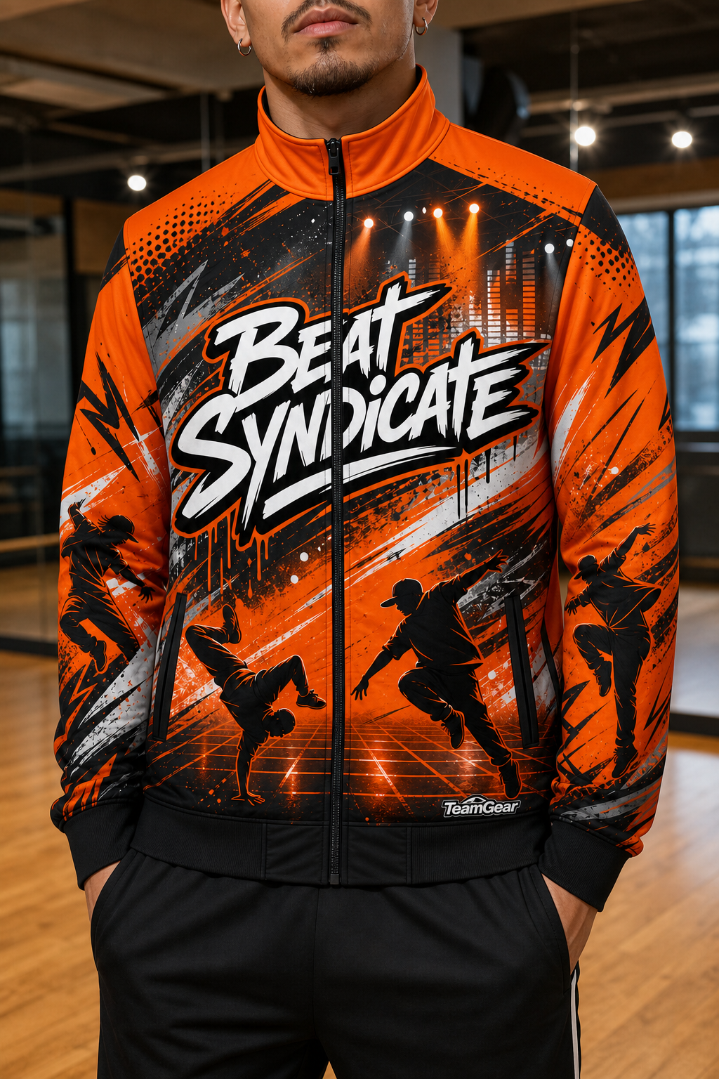 Beat Syndicate Orange Dance Jacket — custom dance jacket worn on model — TeamGear Canada