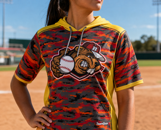 Beavers Red Camo Baseball Hoodie — custom baseball hoodie worn on model — TeamGear Canada