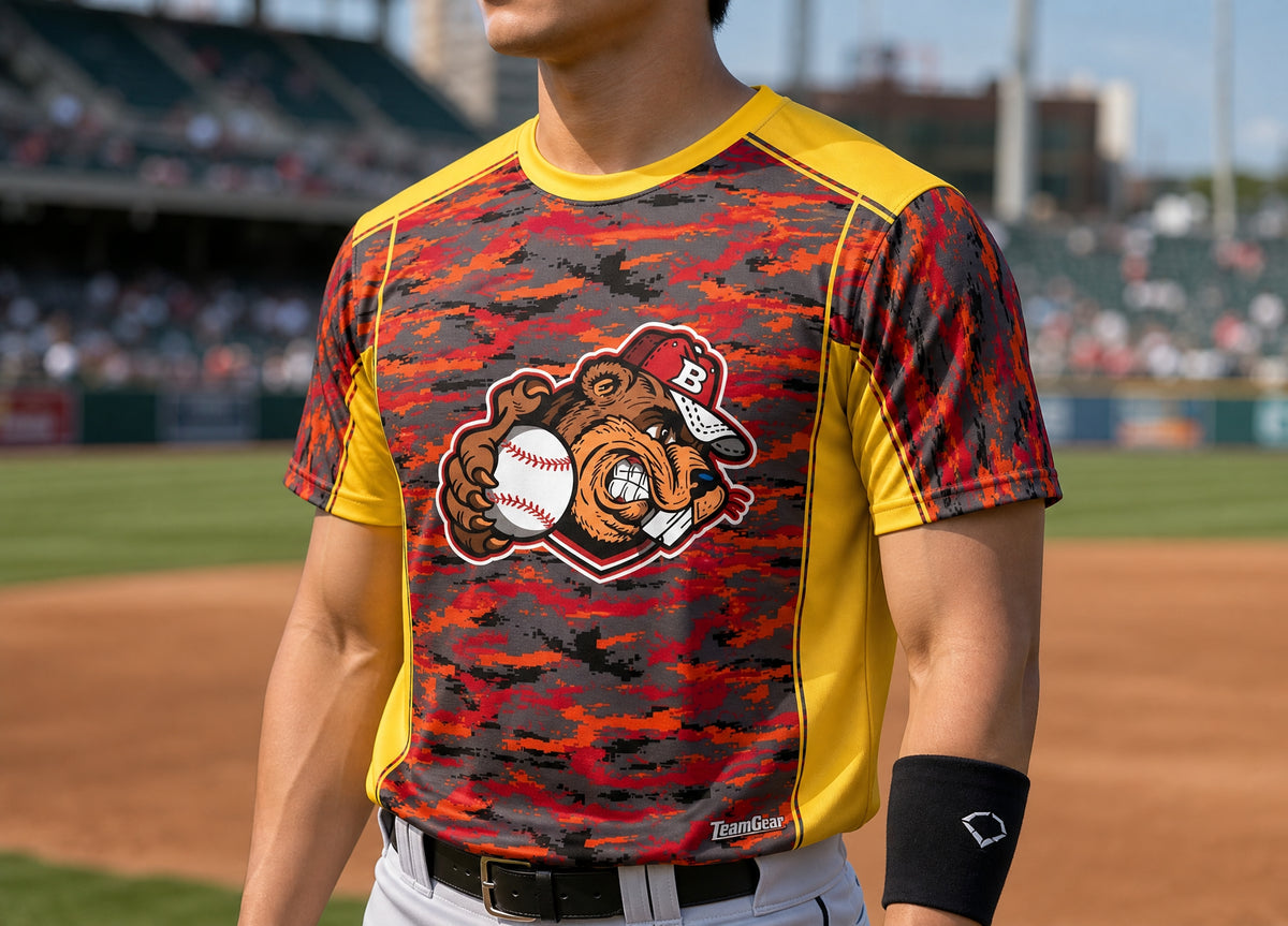 Beavers Red Camo Baseball Jersey — custom baseball jersey worn on model — TeamGear Canada