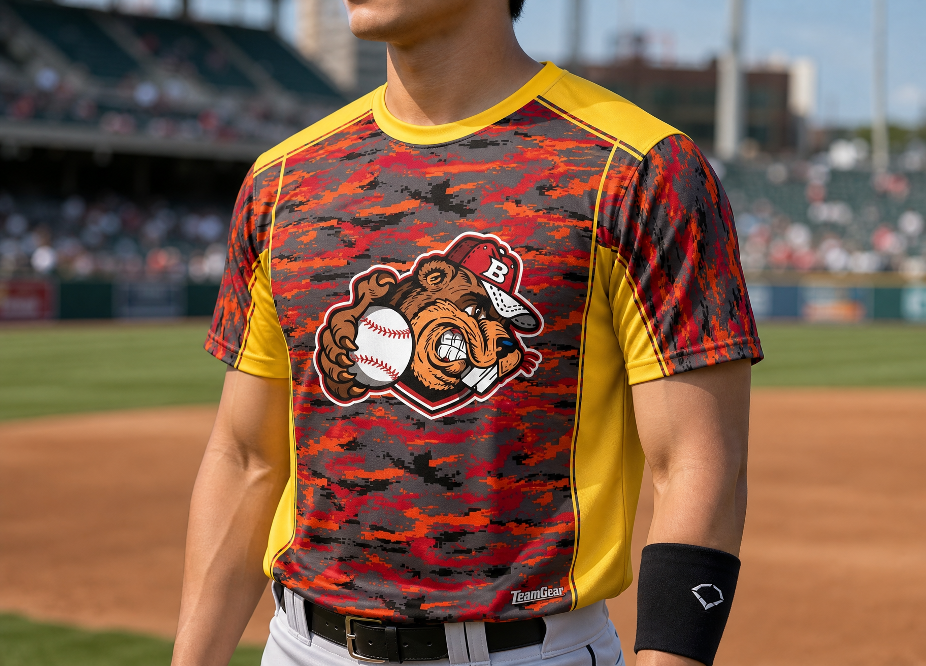 Beavers Red Camo Baseball Jersey — custom baseball jersey worn on model — TeamGear Canada