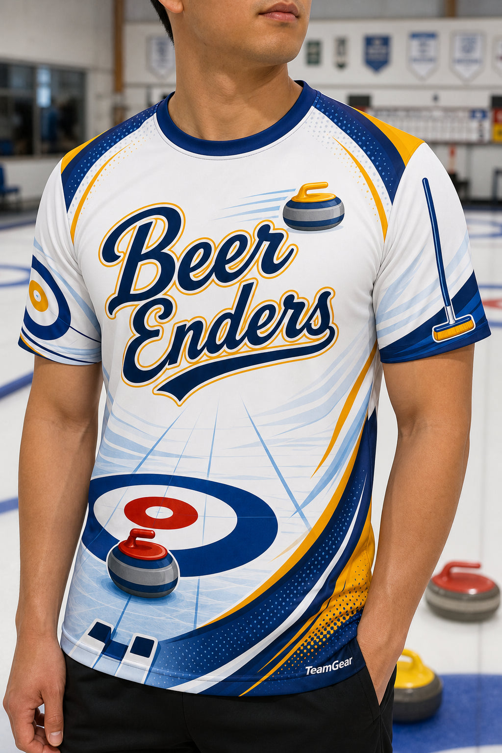 Beer Enders White Curling Jersey — custom curling jersey worn on model — TeamGear Canada