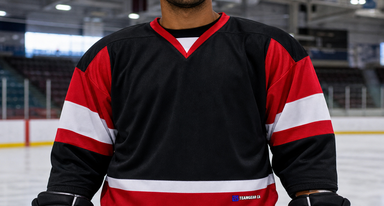 Beer League Hockey Jersey Black/Red/White — custom hockey jersey worn on model — TeamGear Canada