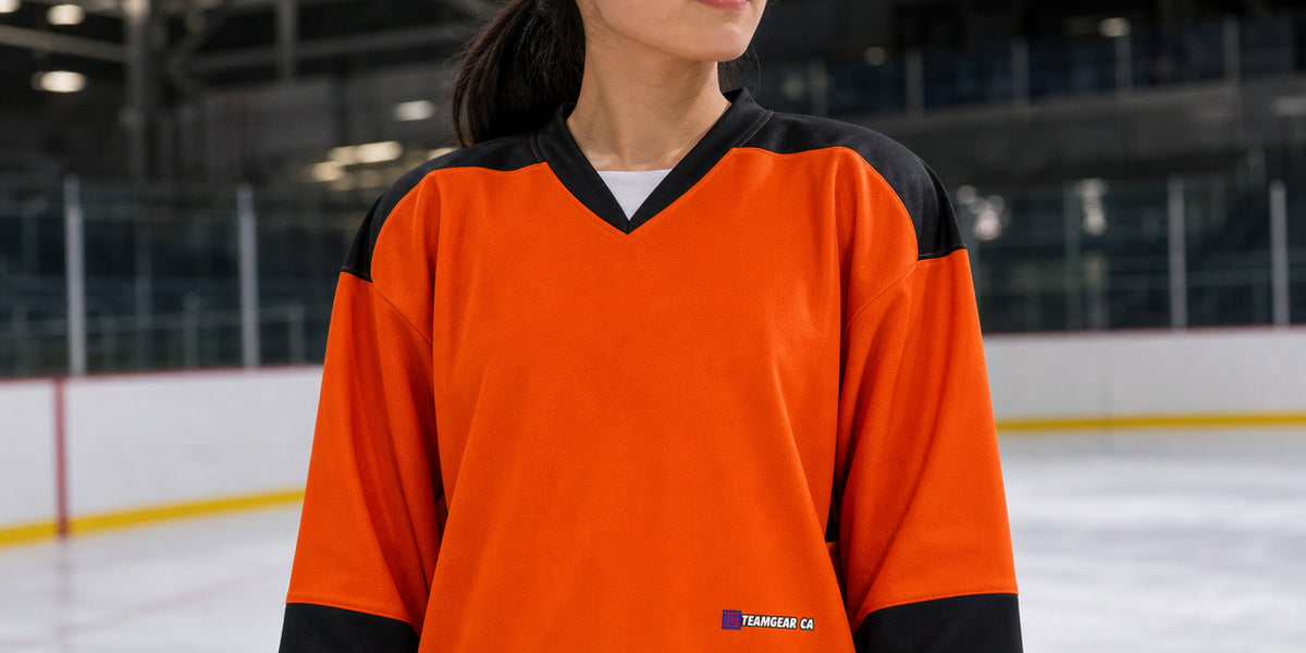 Beer League Hockey Jersey Bright Orange/Black/White — custom hockey jersey worn on model — TeamGear Canada