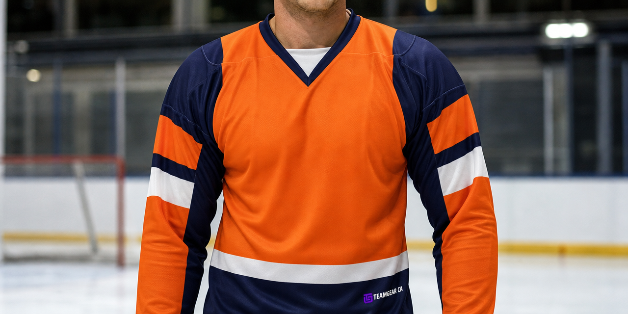 Beer League Hockey Jersey Bright Orange/Navy/White — custom hockey jersey worn on model — TeamGear Canada