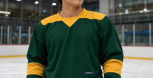Beer League Hockey Jersey Forest Green/Gold/White — custom hockey jersey worn on model — TeamGear Canada