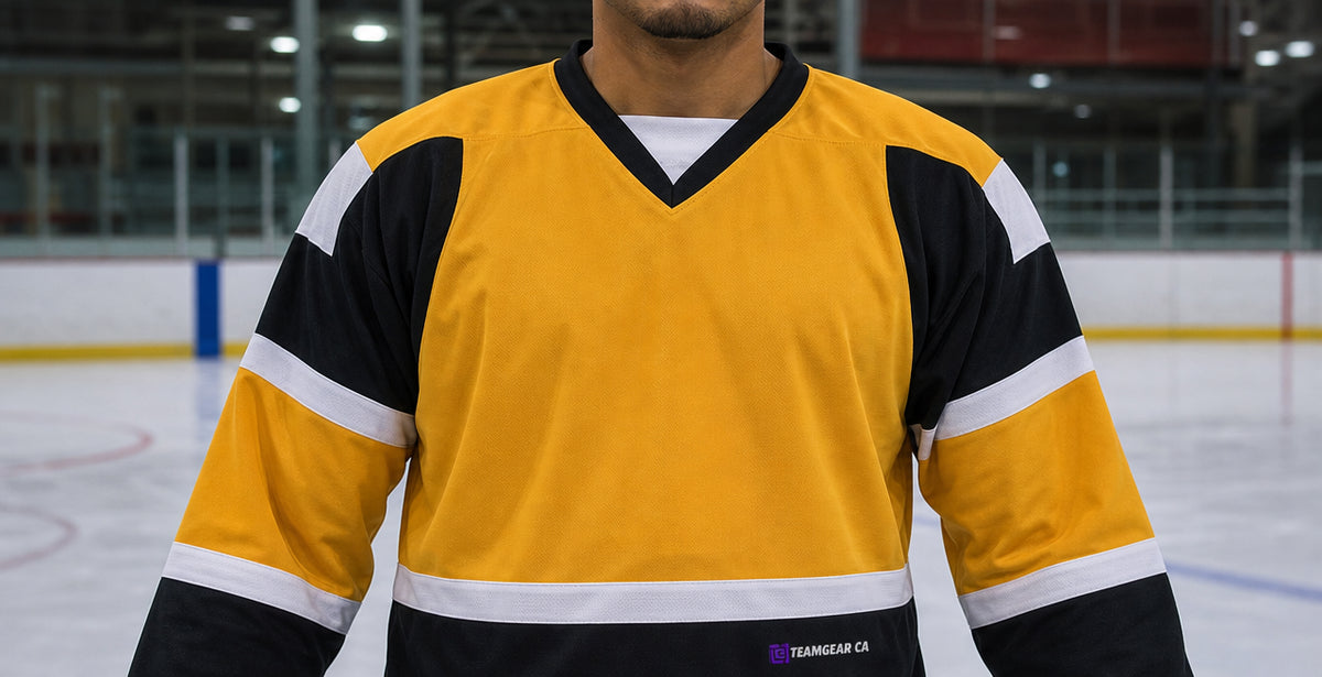 Beer League Hockey Jersey Gold/Black/White — custom hockey jersey worn on model — TeamGear Canada