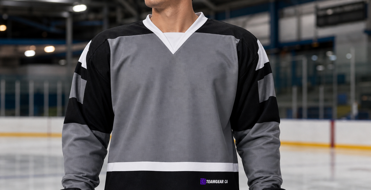 Beer League Hockey Jersey Grey/Black/White — custom hockey jersey worn on model — TeamGear Canada