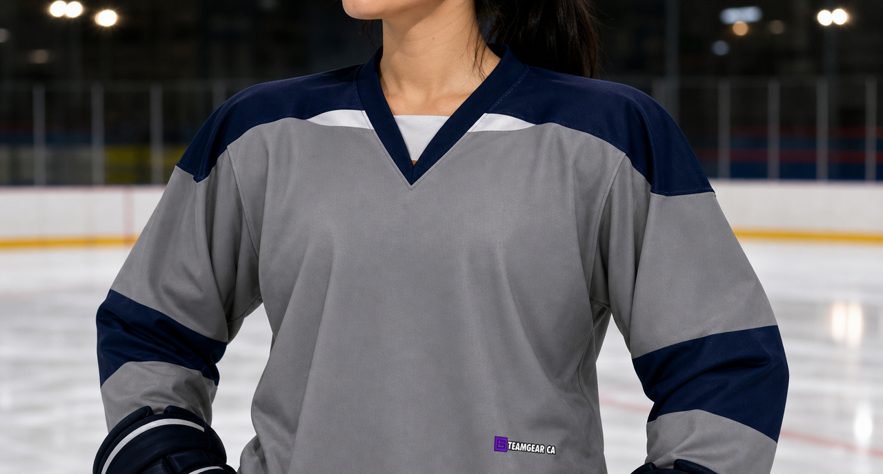 Beer League Hockey Jersey Grey/Navy/White — custom hockey jersey worn on model — TeamGear Canada