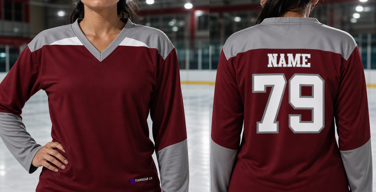 Beer League Hockey Jersey Maroon/Grey/White — custom hockey jersey worn on model — TeamGear Canada