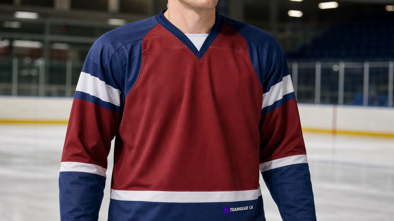 Beer League Hockey Jersey Maroon/Navy/White — custom hockey jersey worn on model — TeamGear Canada