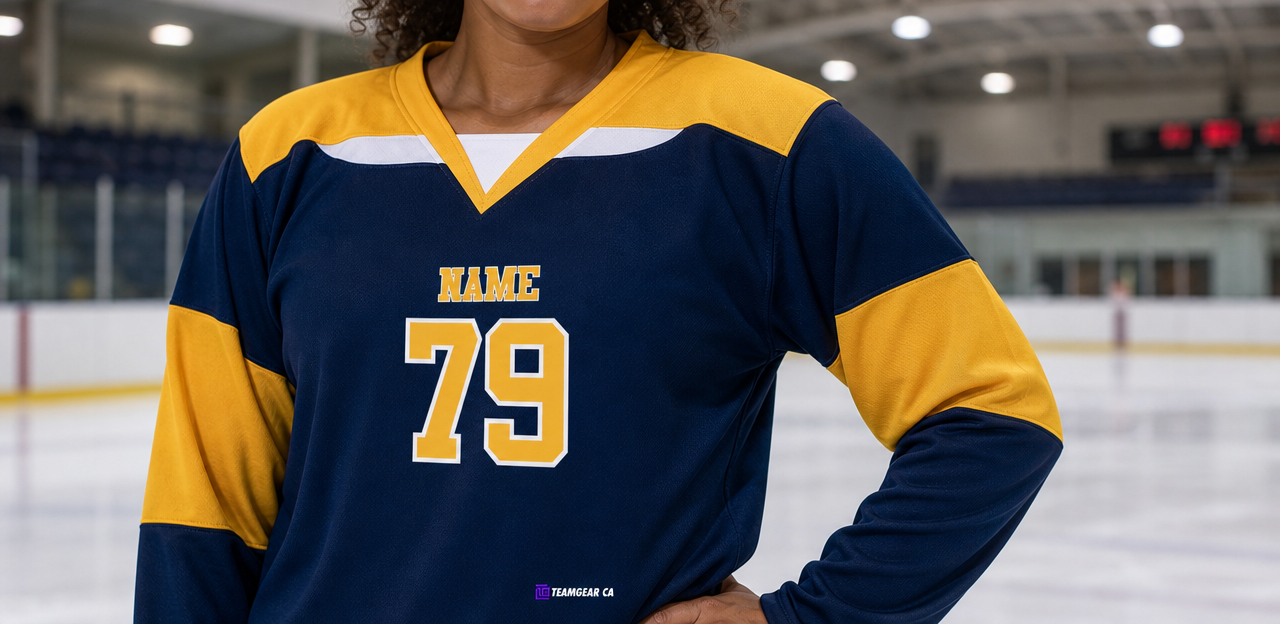 Beer League Hockey Jersey Navy/Gold — custom hockey jersey worn on model — TeamGear Canada