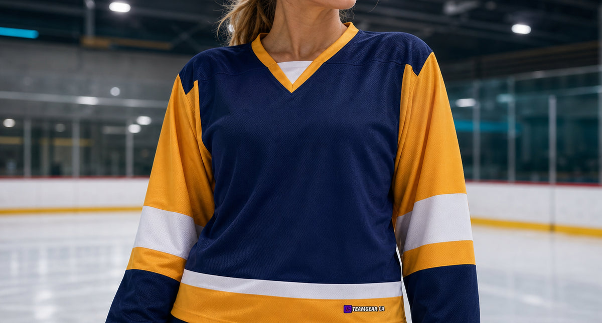 Beer League Hockey Jersey Navy/Gold/White — custom hockey jersey worn on model — TeamGear Canada