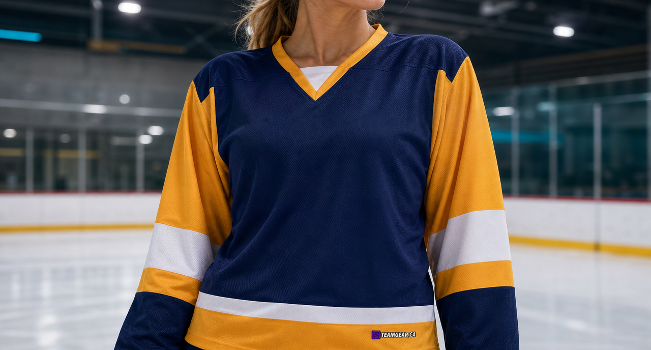 Beer League Hockey Jersey Navy/Gold/White — custom hockey jersey worn on model — TeamGear Canada