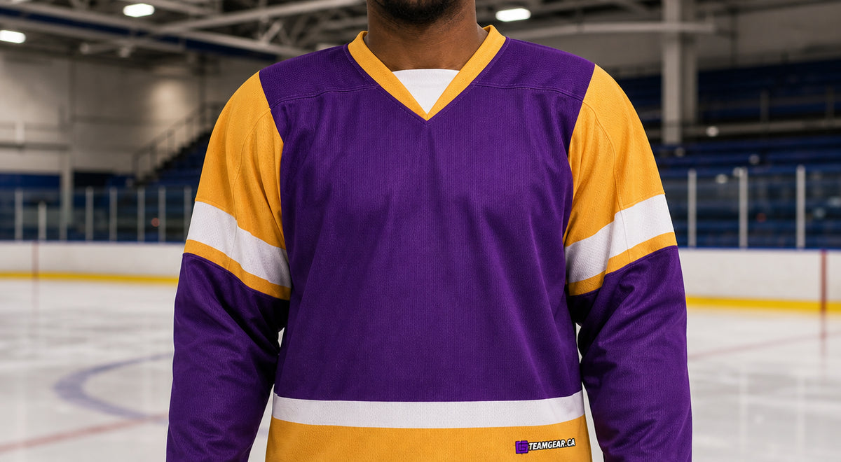 Beer League Hockey Jersey Purple/Gold/White — custom hockey jersey worn on model — TeamGear Canada