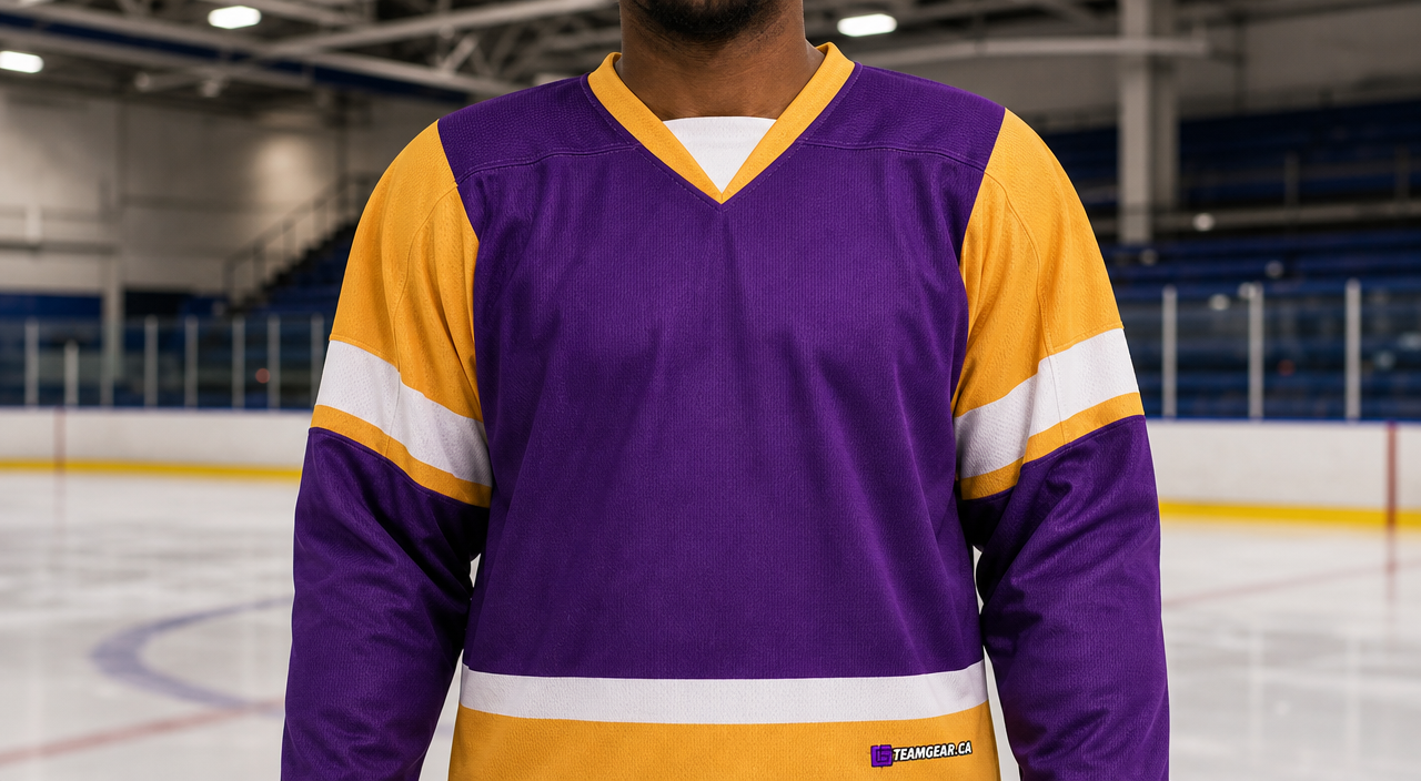 Beer League Hockey Jersey Purple/Gold/White — custom hockey jersey worn on model — TeamGear Canada