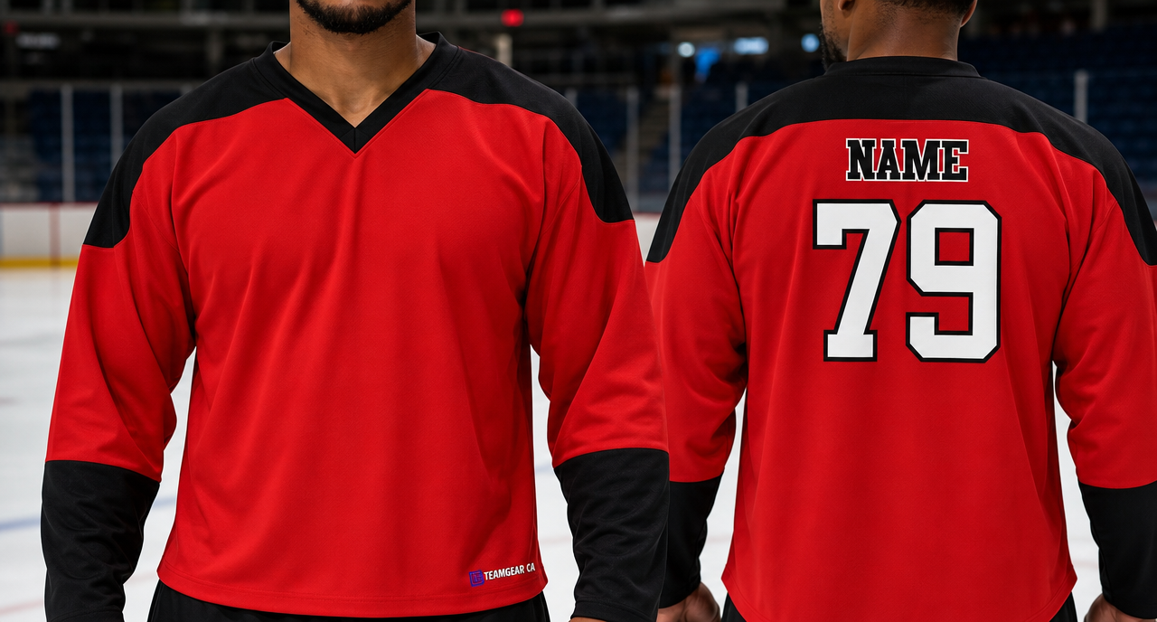 Beer League Hockey Jersey Red/Black/White — custom hockey jersey worn on model — TeamGear Canada