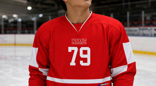 Beer League Hockey Jersey Red/White — custom hockey jersey worn on model — TeamGear Canada