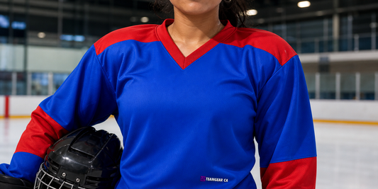 Beer League Hockey Jersey Royal Blue/Red — custom hockey jersey worn on model — TeamGear Canada