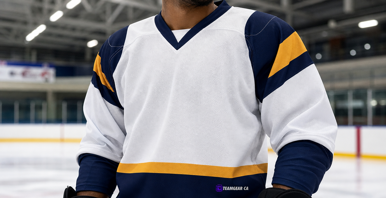 Beer League Hockey Jersey White/Navy/Gold — custom hockey jersey worn on model — TeamGear Canada