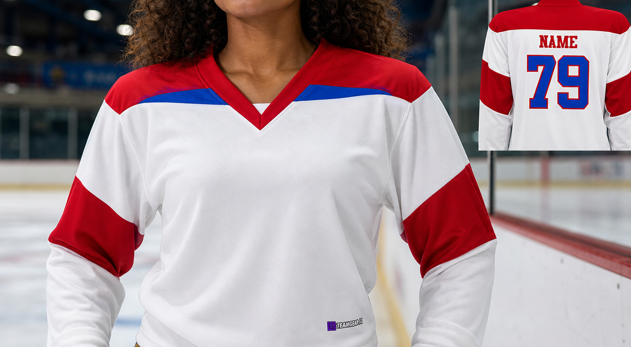 Beer League Hockey Jersey White/Red/Blue — custom hockey jersey worn on model — TeamGear Canada