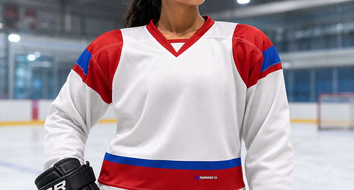 Beer League Hockey Jersey White/Red/Royal Blue — custom hockey jersey worn on model — TeamGear Canada