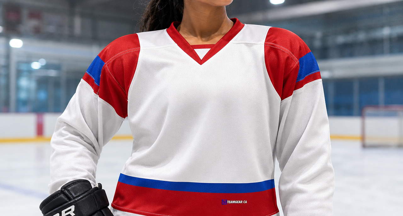 Beer League Hockey Jersey White/Red/Royal Blue — custom hockey jersey worn on model — TeamGear Canada