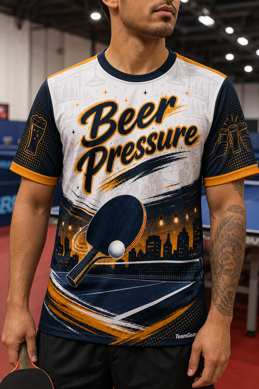 Beer Pressure White Table Tennis Jersey — custom table tennis jersey worn on model — TeamGear Canada